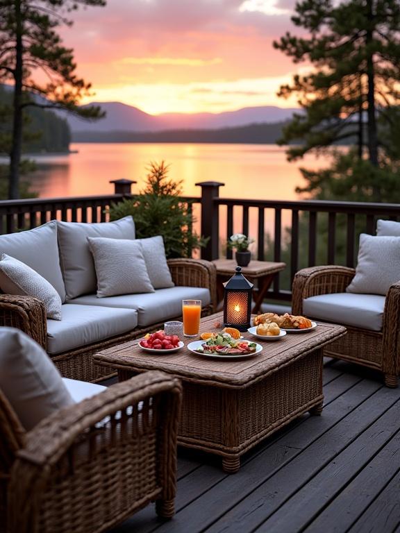 Cozy lakeside patio setup with wicker furniture. Sunset over calm water in background. Wicker sofa and chairs with gray cushions. Rectangular coffee table with plates of food and drinks. Lantern with candle. Dark wooden deck and railing. Surrounded by trees and mountains.
