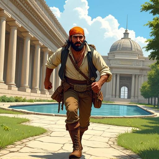 A rugged, bearded man runs with urgency. He has an orange bandana, a loose light-colored shirt, and a dark vest. His brown tattered pants and intricate rope belt add to his rugged look. A leather satchel is across his body, while a net bag is in one hand. The background features classical architecture, a pond, and lush greenery.