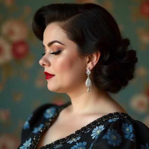 Profile portrait of a glamorous housewife. Features face wrinkles. Makeup includes long eyelashes and red lips. Styled with a 1950s hairstyle. Wears a vintage floral black and blue dress. Diamond earrings adorn. Background has floral wallpaper. Woman appears shy with closed eyes but open mouth. Brunette hair is styled elegantly.