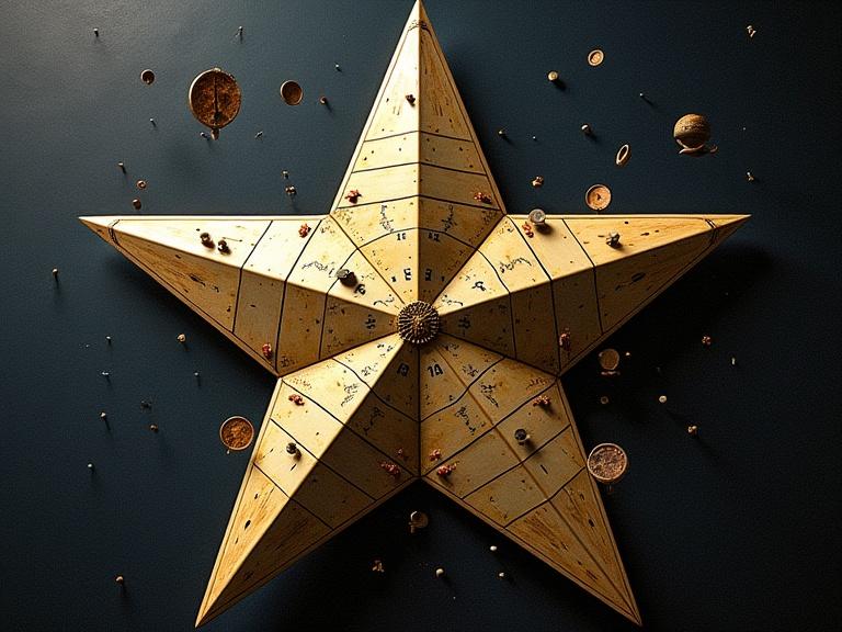 A large star-shaped object with multiple facets. Each facet features symbols from different civilizations' timekeeping systems. Background includes faint grids with faces that appear to scream when viewed sideways. The star appears as a surgical tool, with reflections of hands holding cosmic forceps. This object projects vintage scientific illustrations and depicts steampunk satellites in decaying orbits.