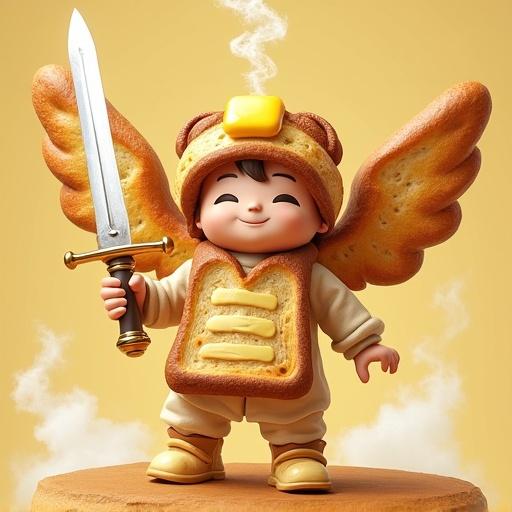Angel character with wings made of toast. Wings are bready and fluffy. Wearing a cap made of bread with a melting butter piece. Baguette sword emits steam. The overall feel is whimsical and playful.