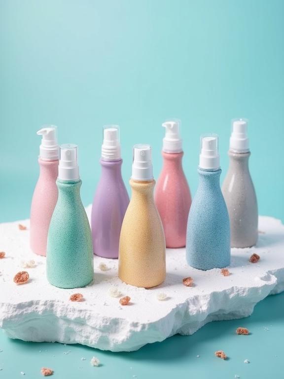 Product photography with eight cylindrical splash bottles on a textured coral-simulating surface. Background shows a blurred pastel sea. Soft lighting highlights the glitter. Iridescent pearls and nacre fragments are scattered.