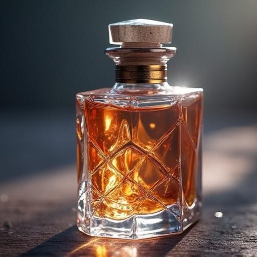 Close-up of a crystal small cylindrical bottle. Aesthetic concept art features beautiful amber liquid. Fine details and high resolution enhance visual appeal. Inspired by popular illustration styles to create a world-class masterpiece.