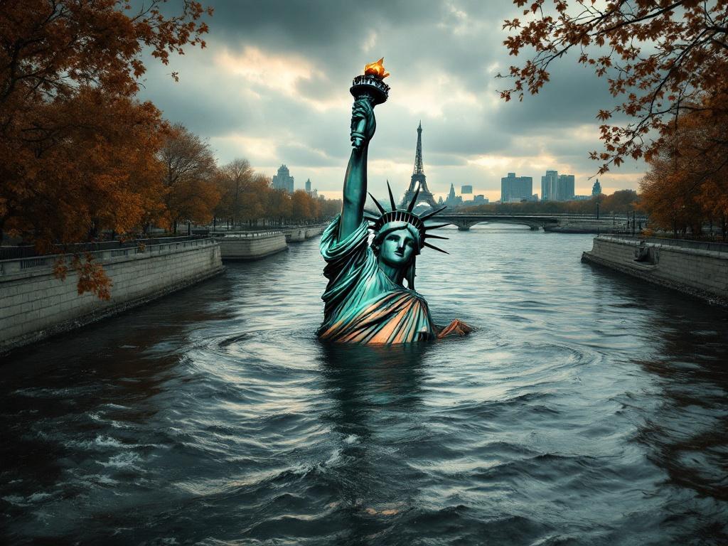 Dramatic digital painting of the Liberty Statue in the Hudson River. Statue has a copper patina at a 45-degree angle. Upper body and torch arm visible above dark waters. Turbulent ripples spreading outward. Framed by stone embankments and autumn trees. Overcast sky casting shadows reflected in the river. Paris cityscape in the background.