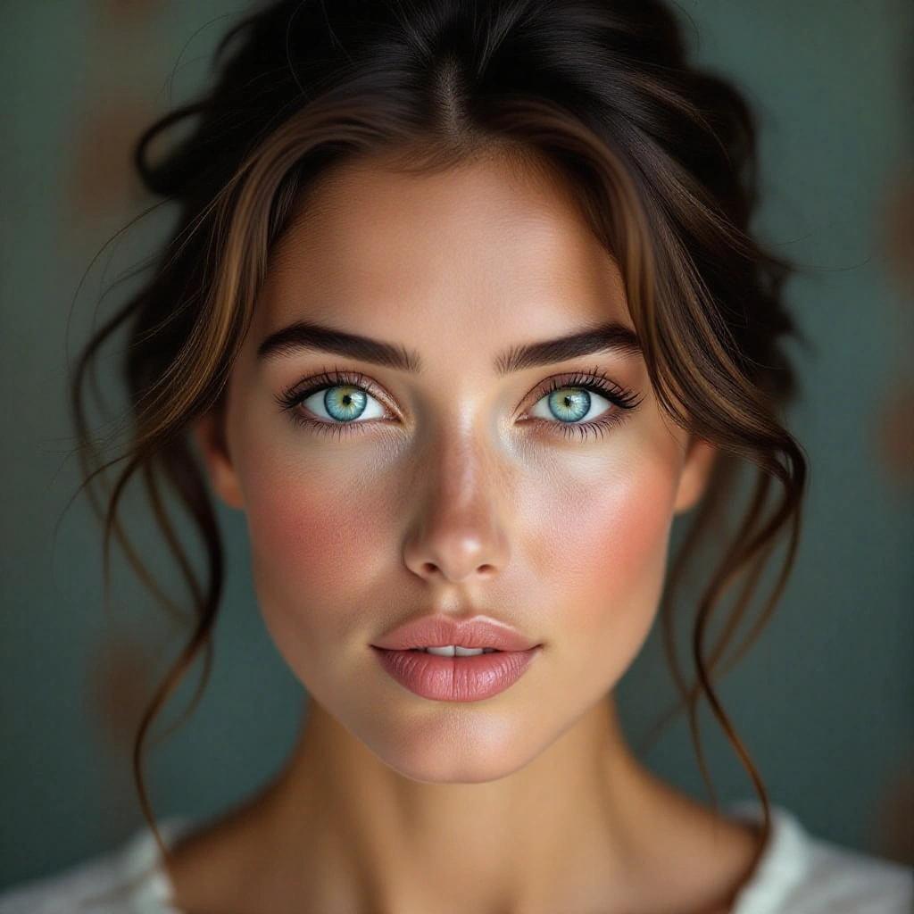 A close-up portrait of a woman with clear blue eyes and a natural emotional expression. Soft lighting enhances her features. Background has a vintage, weathered look.