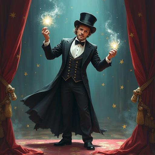 Magician in a classic tuxedo performs on stage. Hands cast sparkles in the air. Surrounded by a red curtain. Starry background enhances magical theme.