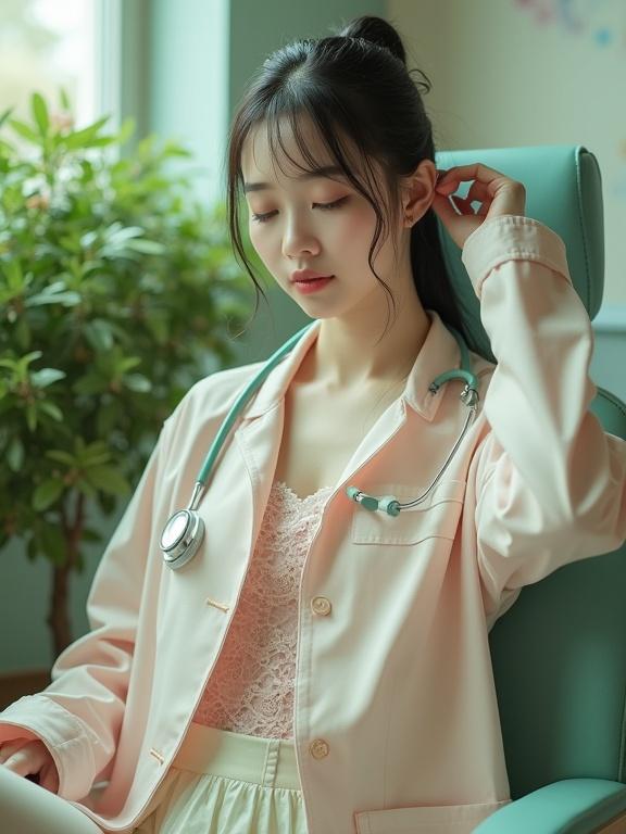 Low angle shot of a young lady in a pastel-colored doctor outfit sitting in a well-lit clinic. Hair tied back, she has closed eyes and open mouth. Soft indoor light highlights the outfit. The background features plants and greenery. Elegant posing, showcasing high heels and delicate leg.