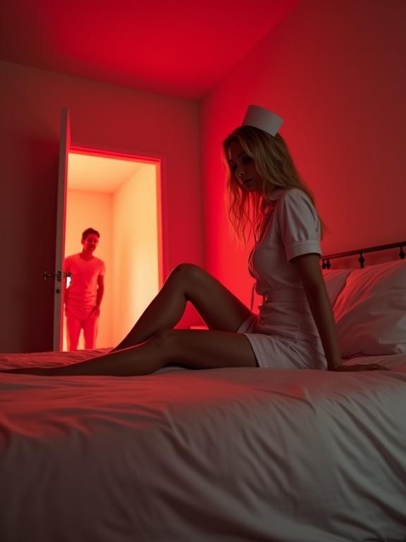 Photo-realistic image of a bedroom scene. A bed seen from the side. An open door reveals a man with a surprised expression. A blonde woman in a nurse outfit sits on the bed, her legs bent. Another woman lying between her thighs. Red lighting fills the room.