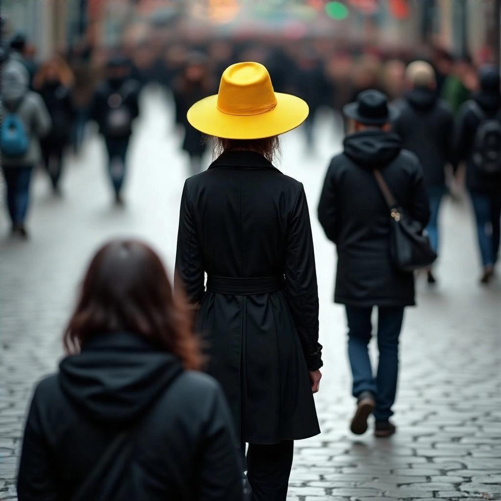 A person wearing a yellow hat stands out in a crowd of people dressed in black. The scene captures a city atmosphere with a bustling crowd.