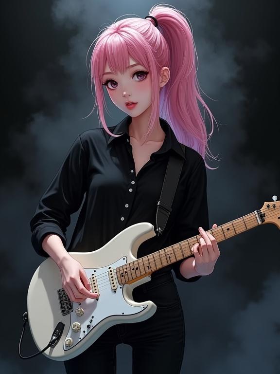 Semi-realistic illustration of a female guitarist. Portrait with dynamic pose. Character has pink hair in a ponytail, wearing black shirt and jeans. Holding a white electric guitar in a black foggy environment with dramatic lighting.
