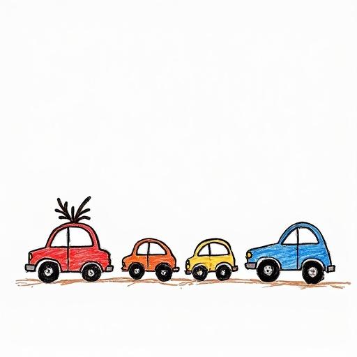 Children’s drawing shows various cars in different shapes and sizes. Cars are separated from each other. The style is simple and colorful. Purpose is to appeal to children.