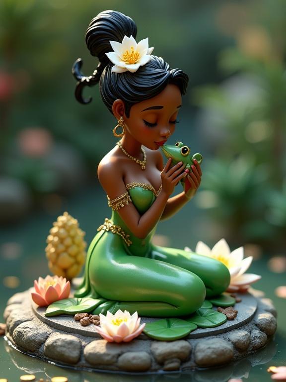 Ultra-detailed resin figure inspired by Tiana from 'The Princess and the Frog'. She sits on a circular base with stones and flowers. She wears a green dress with gold details. Her eyes are closed as she kisses a frog. The surroundings have a magical touch with reflections of water.