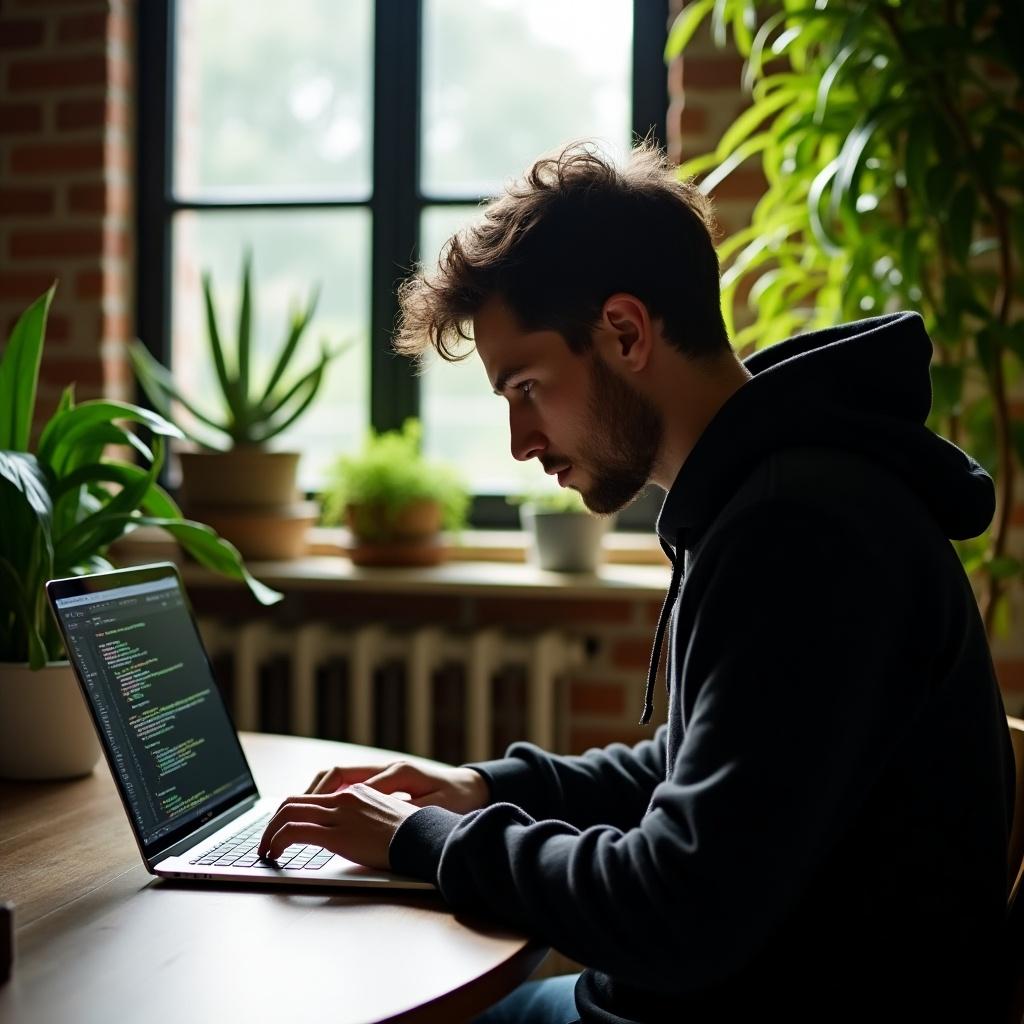 A person is writing code on a laptop in a bright room filled with plants. The scene captures a comfortable work environment in the morning light. The individual wears a black hoodie and focuses on the screen. Code is visible on the laptop. The room design is modern with a cozy atmosphere.