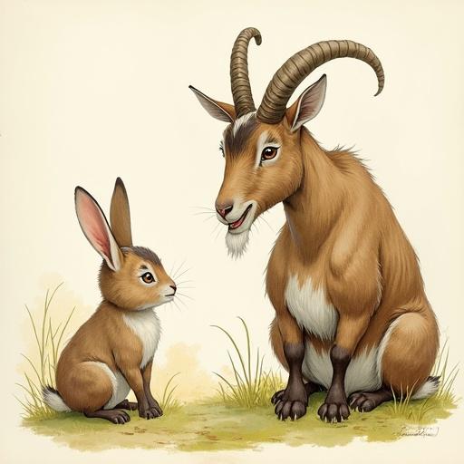 Illustration of a goat and rabbit sitting together in a grassy area. Goat has curved horns. Rabbit is small and attentive. Both characters have expressive faces. Background is soft and light.