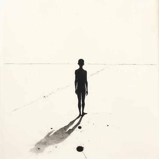 Human silhouette in minimalist style. Tall teen figure standing on a long road. Monochrome ink sketch using delicate lines. Serene mood inspired by Asian culture.