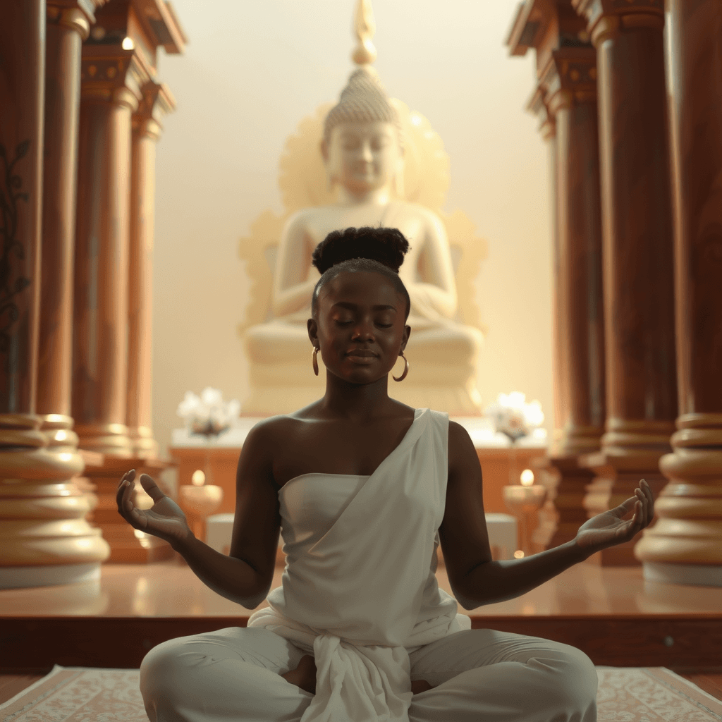 A person meditates peacefully in a temple with a Buddha statue in the background.