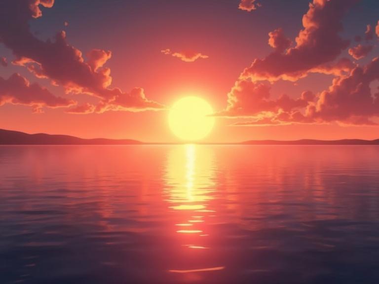 Anime style depiction of a sunset over a calm sea. Warm light illuminates the scene, creating a nostalgic feeling. A cinematic view captures the beauty of the moment.