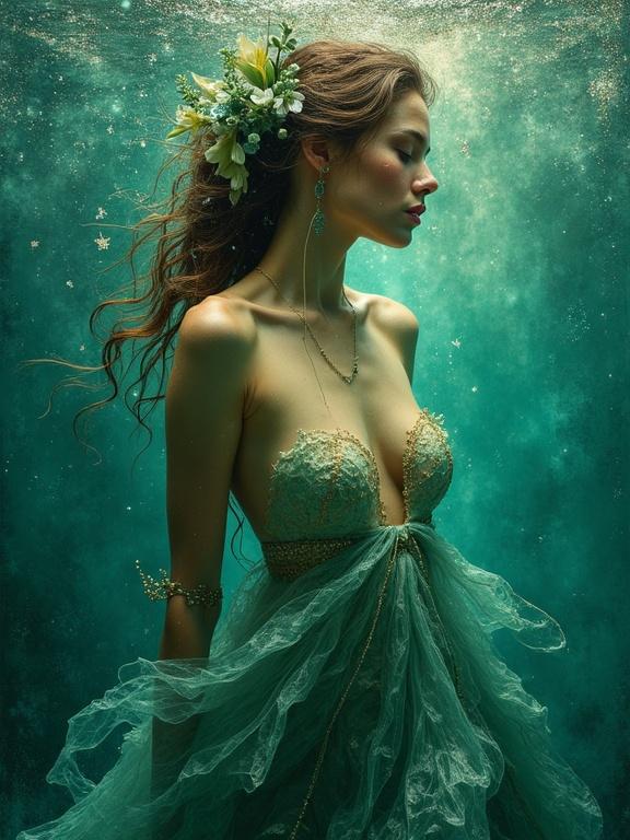 Dreamlike fantasy scene featuring a woman in a flowing dress underwater. The setting combines deep green, silver, gold, and blue tones. Enriched with textured impasto effects resembling oil painting and whimsical elements. Atmosphere enhanced with volumetric lighting.
