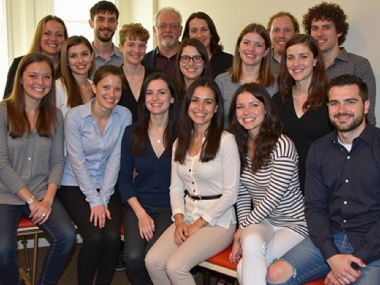 The image shows a group of people gathered together, likely at a social event or gathering. There are several individuals standing and sitting closely, smiling and posing for the camera. The setting appears to be indoors, possibly in a house or a similar environment. People are wearing casual clothing, and it looks like they are enjoying a fun moment together. Some of the faces are blurred, making it difficult to identify anyone specifically.