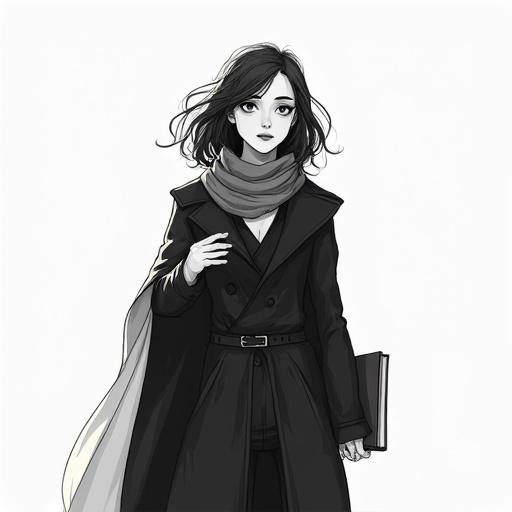Lyra is a superhero in black and white. She wears a dark coat and a scarf. She carries a notebook. Her eyes turn white when she uses powers. A glowing symbol appears on her palm. She is calm and thoughtful. The drawing is minimalistic.