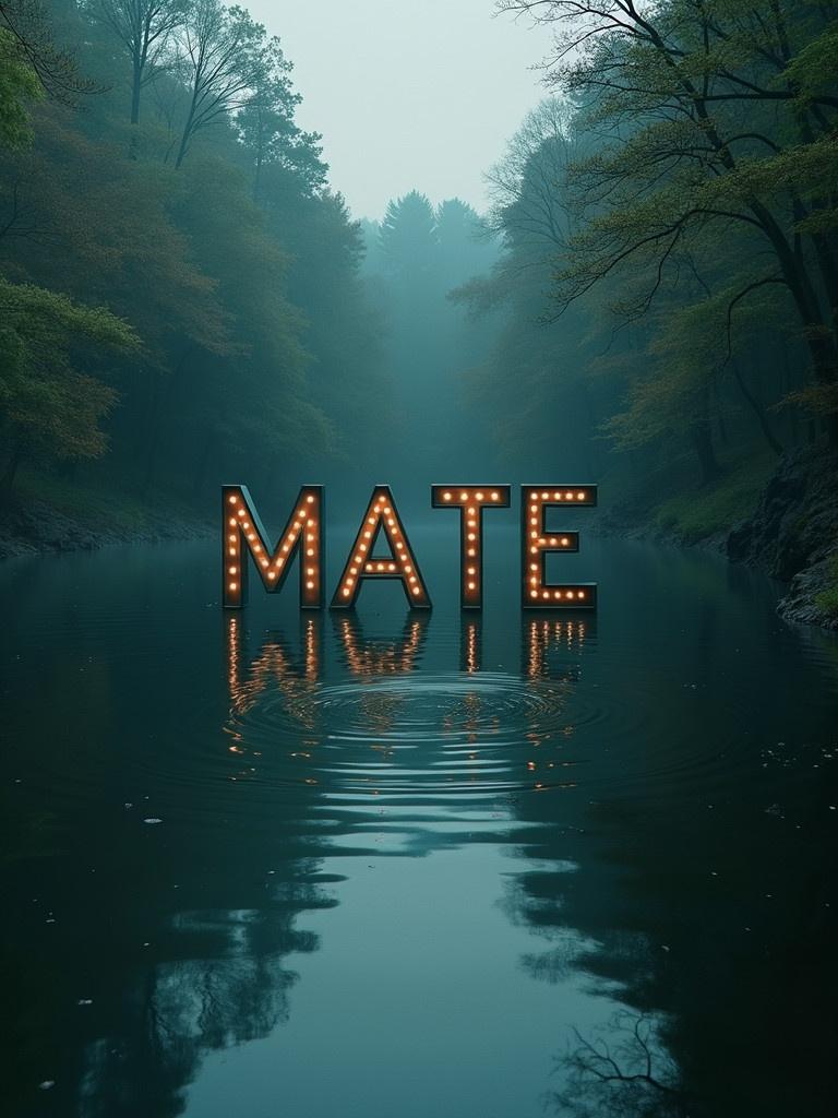 The word MATE displayed in bright golden letters. The letters are floating over a serene deep pond. Surrounding the pond are lush green trees and fog. Water reflects the letters creating a serene and quiet scene.