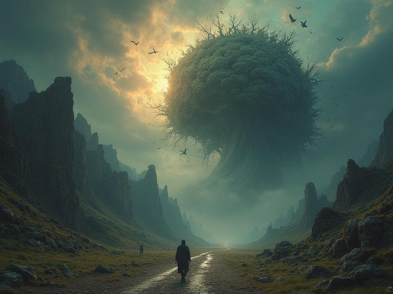 A mystical, surreal landscape featuring a gigantic floating tree in the sky. A person walks along a path surrounded by towering rocky cliffs. Birds fly around the tree. The scene is illuminated by an otherworldly glow.