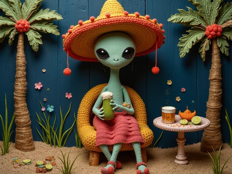 Klimt style 3D art featuring a crocheted female alien in a sombrero. Alien is sitting on a crocheted chair with a crocheted beer. Next to her is a crocheted table with limes. Background has crocheted trees and grass. Texture elements include newspaper, jute, sand, and confetti. Dark colors with depth