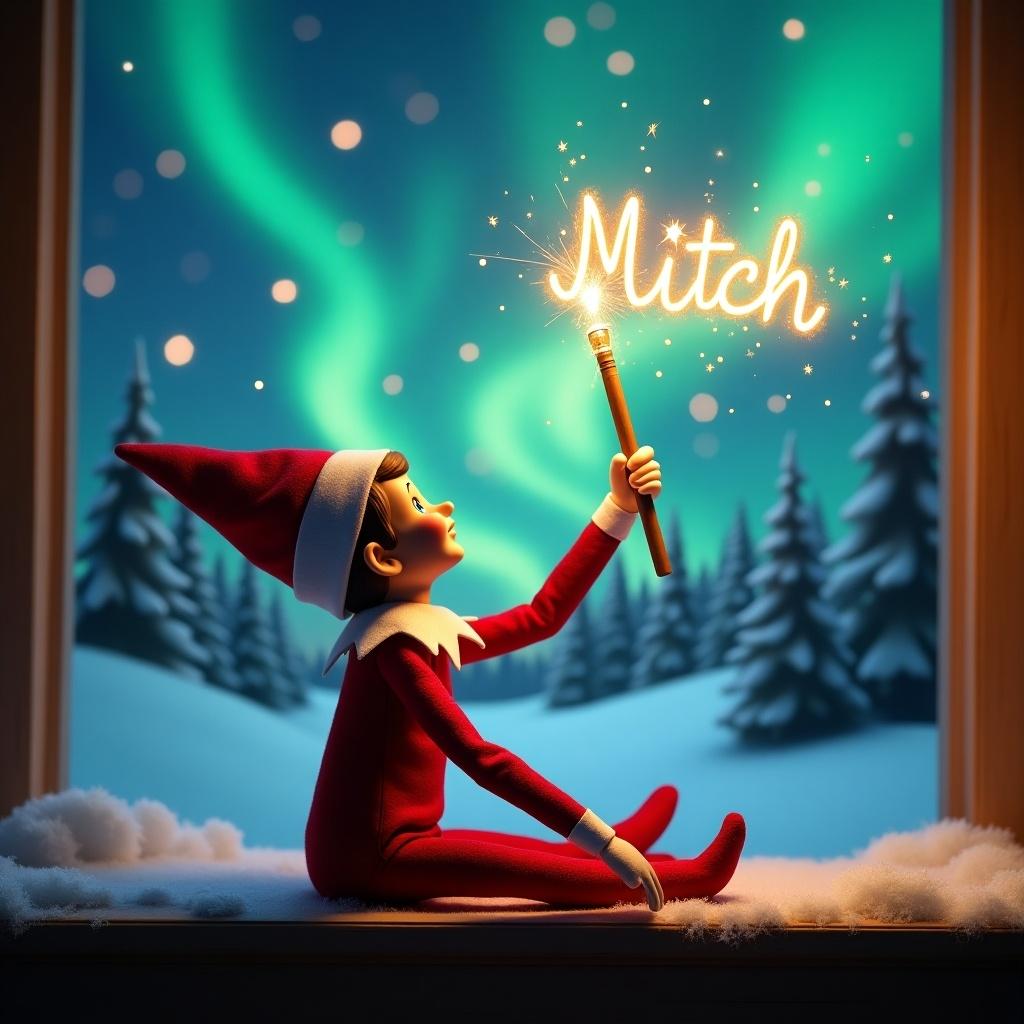 An elf on the shelf sits with its back to the viewer. It gazes skyward and holds a glowing wand that emits sparkling light. The background shows a Christmas scene with northern lights and snow-covered ground. The elf embodies the spirit of Christmas magic while creating the name 'Mitch' in the air.