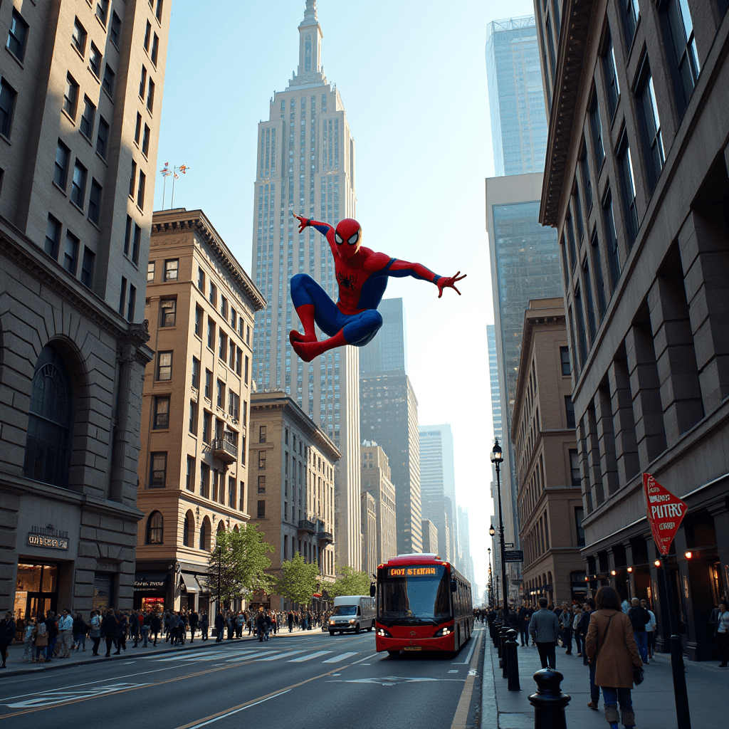 Spider-Man is seen leaping through a bustling cityscape, surrounded by tall buildings and busy streets, with a red bus below.