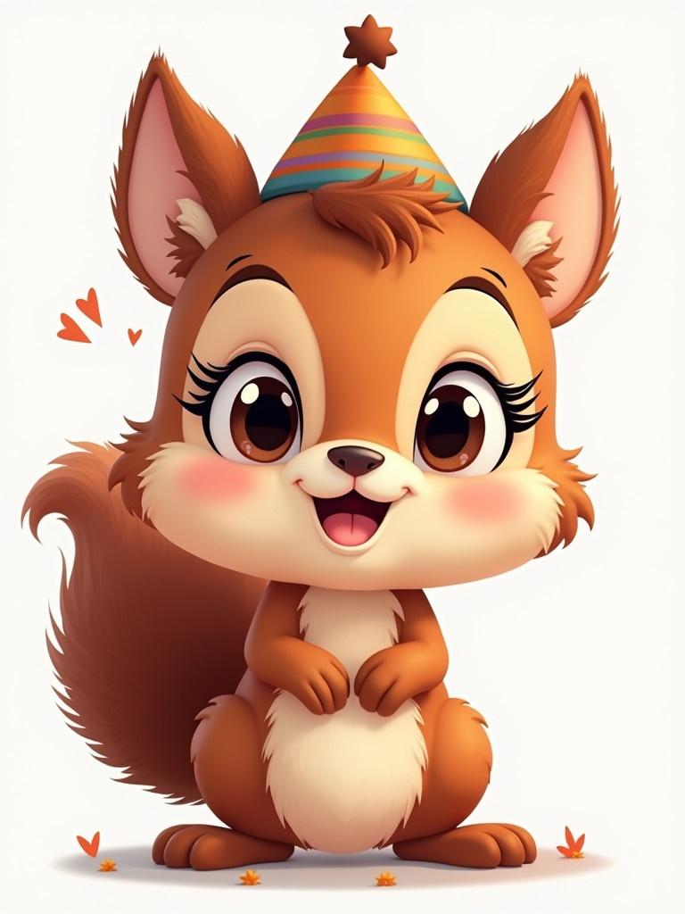 Cartoon squirrel with big eyes and long lashes. Squirrel has a happy face. Squirrel wears a festive party hat. Soft and cheerful style. Bright colors and cute expression.