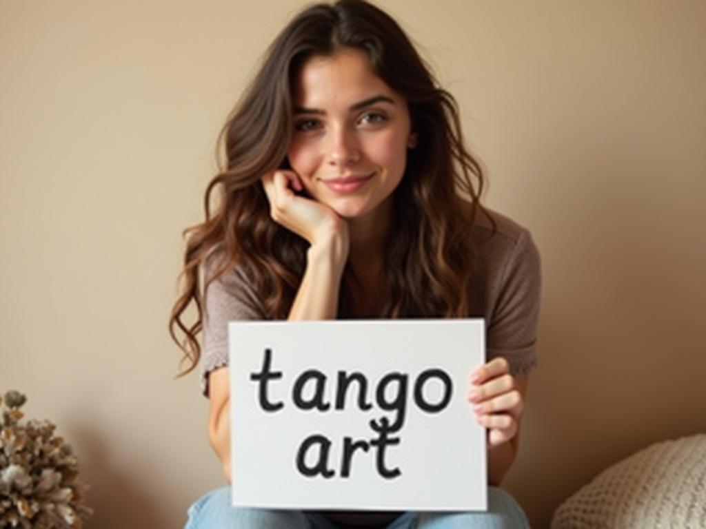 The image features a young woman with long, partially wavy hair. She is sitting against a soft beige or light-colored background, which adds a warm tone to the photo. The woman is holding a sign that reads 'tango art' in a playful handwritten style. Her other hand is gently resting under her chin, suggesting a relaxed and contemplative pose. She is dressed casually, with the ambiance suggesting comfort. There is a hint of a decorative object in the foreground that adds visual interest without shifting attention from the woman.