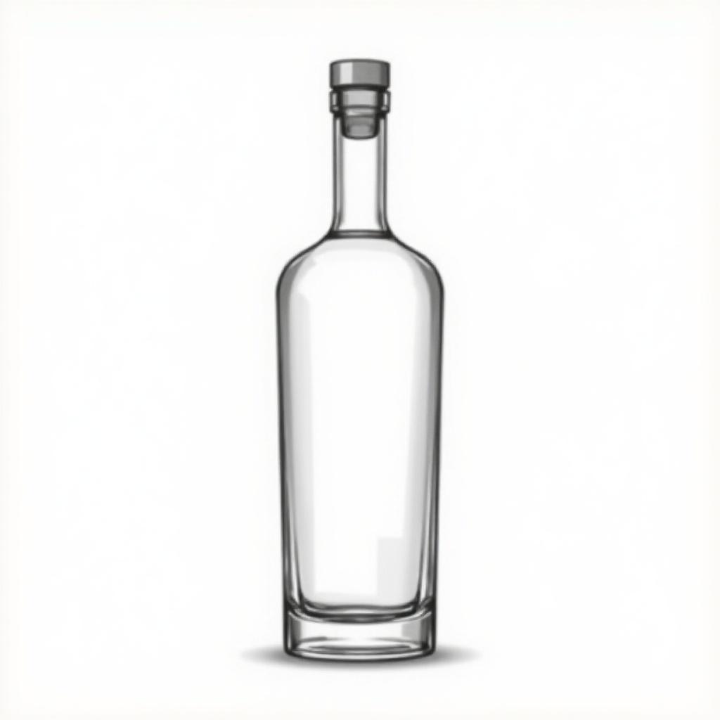 This is a line drawing style illustration of a modern 33cl vodka glass bottle. The bottle showcases a cylindrical and sleek design, standing upright. Its front perspective highlights the clean lines and minimalistic aesthetic. There is a designated label area included to indicate premium aspects, emphasizing a sophisticated look. Intricate embosses can be seen, enhancing its premium appeal and design integrity.