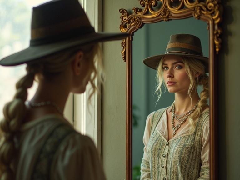 A person dressed as a humble gardener stands in front of a mirror — but the reflection shows a glamorous fashion model.