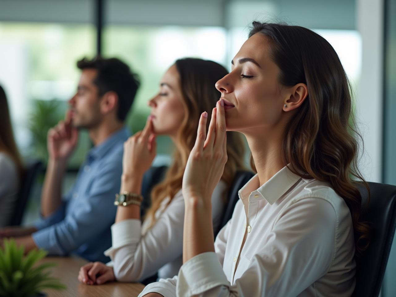 In a modern corporate environment, a group of professionals is engaged in a mindfulness exercise. They sit at a conference table, eyes closed, and fingers positioned in a breathing technique. Each person is performing Nadi Shodhana, blocking one nostril with their thumb. The atmosphere is calm and focused, highlighting the importance of mental wellness at work. Natural light filters through the space, enhancing the serene atmosphere. This scene illustrates the integration of mindfulness practices into daily corporate routines.