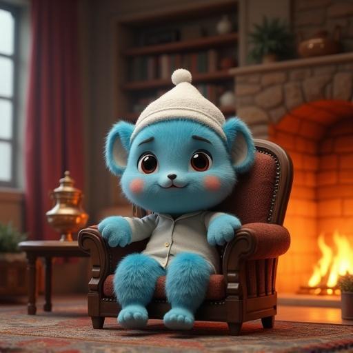 A fluffy blue mascot sits in a traditional Azerbaijani living room. The mascot wears pastel pajamas and a nightcap. Seated in a vintage armchair, the cozy setting includes a stone fireplace, warm lighting from a lamp, and cultural decor. The room features Azerbaijani textiles and ceramics. The mascot gestures and tells a story with expressive big eyes. Warm, nostalgic mood with gentle background music.