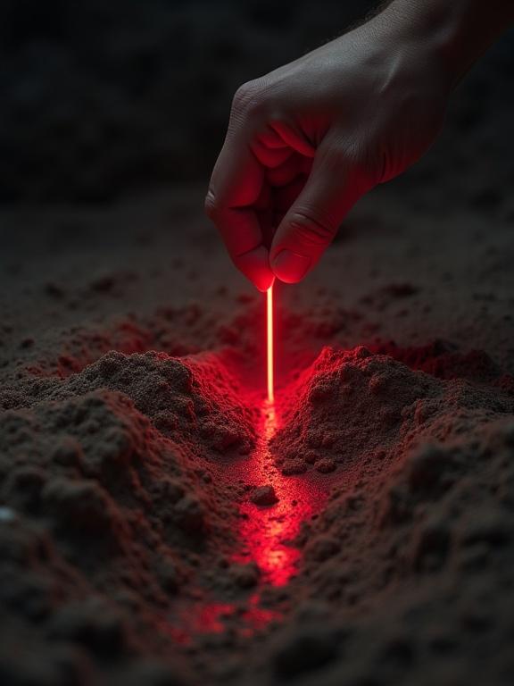 A powerful hand draws a glowing red line in dark sand. Dark, dusty scrolls are on one side while a single illuminated scroll is on the other. The scene conveys symbolism of division. The style is cinematic and realistic with high contrast.