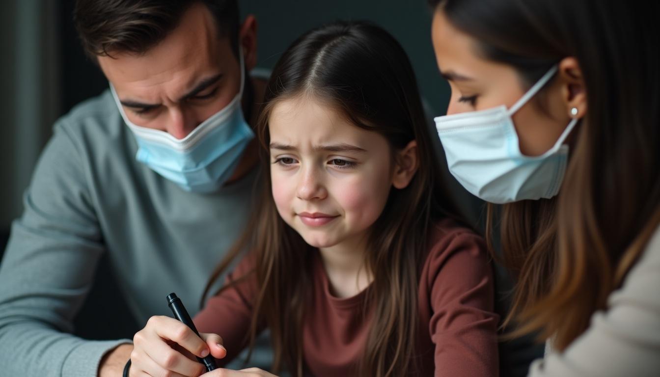 Parents complete a medical questionnaire for a sick girl. She appears uncomfortable. Her long dark hair and reddish-brown shirt are noticeable. Family shows concern. Everyone wears masks. Format is 1920 by 1080 resolution.