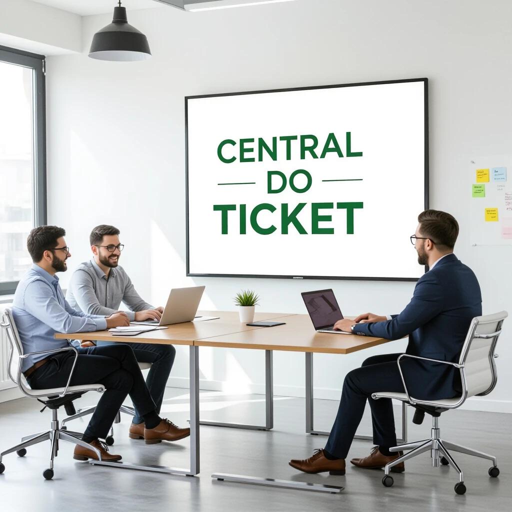 Professional wallpaper design with the name 'Central do Ticket' prominently displayed in the center. A modern office environment with three individuals seated at a conference table. A large screen in the background shows the company name. Stylish office chairs and a bright atmosphere.