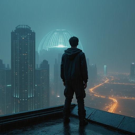 Young man in futuristic attire on high rise rooftop during nighttime rain. Gazes toward the horizon where city meets barren land. City encased in massive glass dome, surrounded by rocks and desert. Gritty texture and cinematic lighting create dramatic effect.