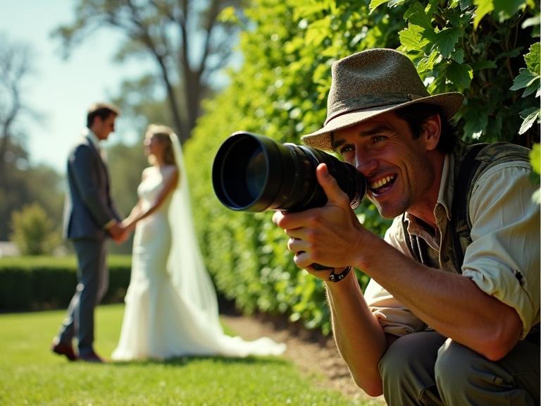 Scene shows a photographer crouching in bushes. He smiles broadly and holds a large camera. In the background, a bride in a white dress and a groom in a grey suit stand together. Lush greenery surrounds them under a clear sky. The setting is vibrant and lively. The overall feel is reminiscent of the 1980s.