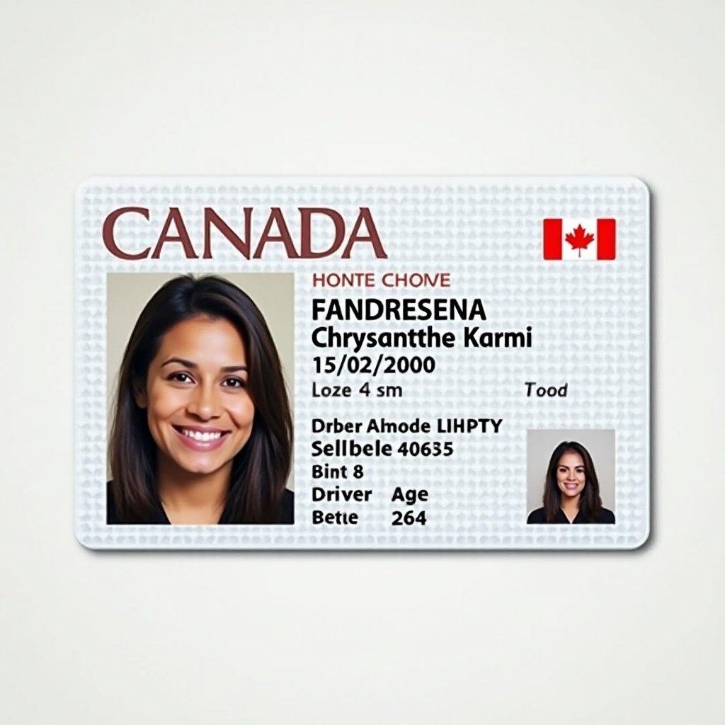 Image of a Canadian driver license card. Card displays name FANDRESENA Chrysanthe Karmi, age 24. Birth date 15/02/2000. Official design with identification photo. Professional appearance for identity verification.