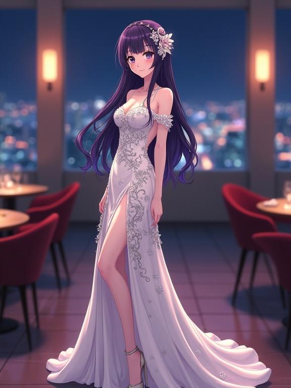 A breathtaking anime woman stands facing forward on the floor of a luxurious sky lounge. She has shoulder-length dark violet hair and dark violet eyes. Her gown is off-white with floral patterns and sheer sleeves. The setting is upscale with a nighttime city view. The lighting is warm, creating a calm atmosphere. The image features high-quality details, capturing her elegance and beauty in a professional photography style.