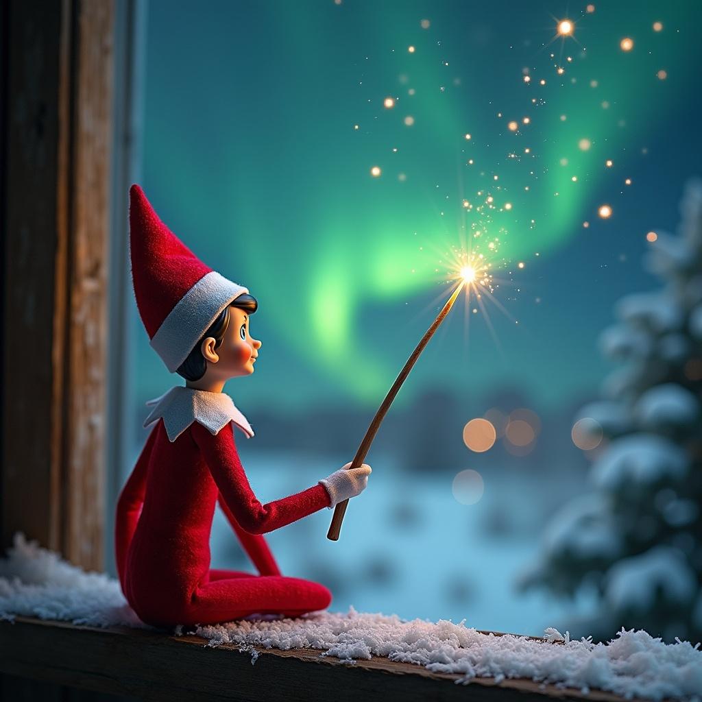 Elf on the shelf looking at the magical sky. Wand writing Autumn and Kyle in the air. Magical Christmas scene with northern lights and Santa in the background.