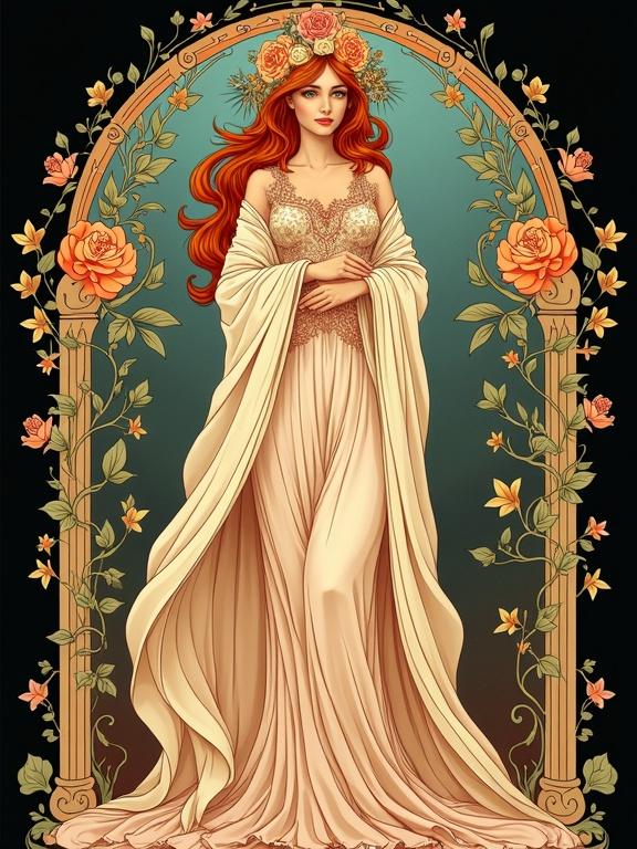 A semi-realistic vibrant Art Nouveau female figure. Shown from the waist up before a tall arched window. Hands hidden beneath an embroidered shawl. Long flowing hair in thick waves with a floral crown. Gazing to the side with a gentle smile. Dress and shawl with ornate folds and motifs. Airy ornamental curves and star-like florals in the background. Symmetrical composition with breathing space.