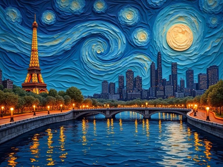 Detailed papercraft representation of Paris skyline at night. Includes Eiffel Tower and Notre Dame with city lights reflecting on the river. Full moon glows above a thick textured starry sky. Urban landscape showcases trees along the riverbank and illuminated bridge.