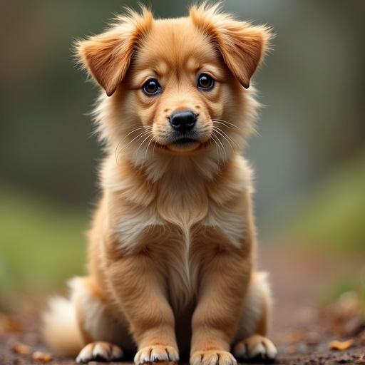 A portrait of a cute golden puppy sitting outdoors. The puppy has fluffy fur and gentle eyes. The background features natural foliage, giving a serene vibe.