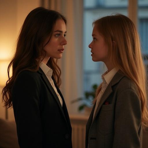 Two girls are facing each other. One girl has long brown hair with green eyes. The other girl is blonde with blue eyes. Both wear formal oversized clothes. They appear surprised and confused. The setting is a modern living room at night. The mood is tense and awkward.