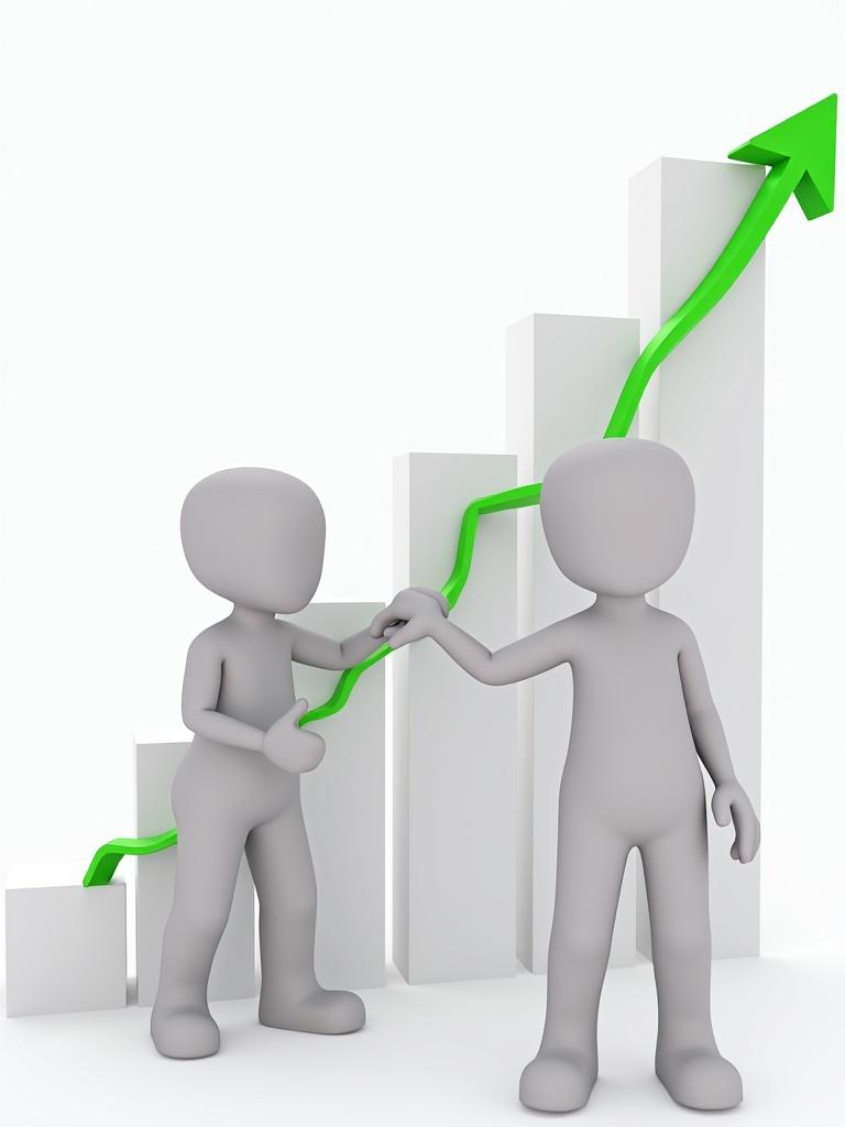 Two figures interact in front of an upward trending graph. Graph represents growth. Figures are simplistic and gray. The background is white. A green line indicates the trend.