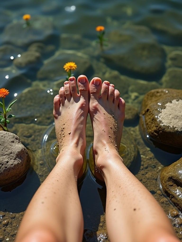 Footing in the lake shows dirty bare soles. Lake has stones and flowers. Soles appear relaxed and wet with white skin. The weather is sunny shining.