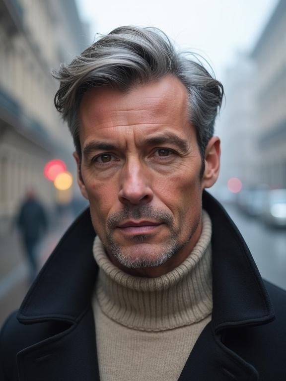 Stylish mature man with silver-gray hair and hazel eyes. He wears a beige sweater and tailored coat. Serious expression with calm gaze. Foggy city street in the background, highlighting classical architecture.